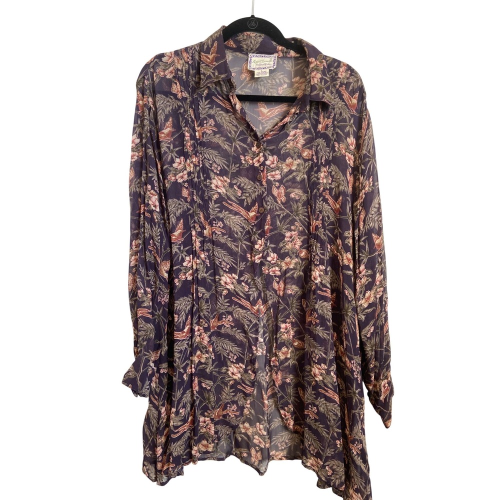 April Cornell Purple Floral Bird Butterfly Pintuck Sheer Rayon Tunic Top Large